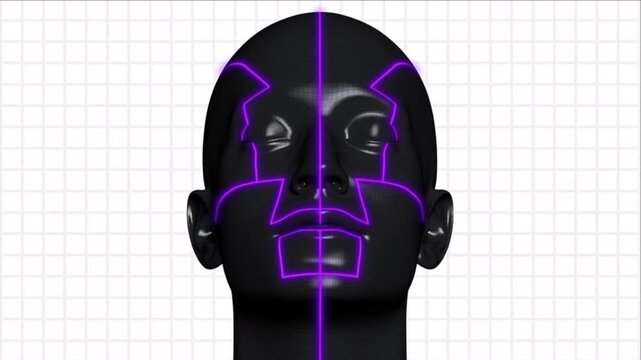 AIテクノロジーのための紫色の回路を持つ量子ロボット顔モデル