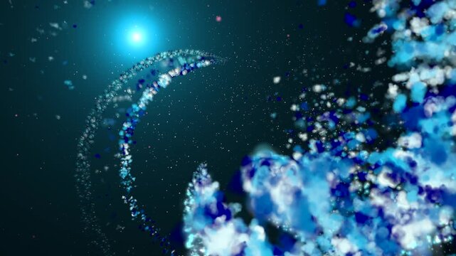 An abstract cosmic composition featuring vibrant swirling particles creating dynamic circular motion in deep space, reminiscent of galaxy formation, an energetic explosion, and a glowing nebula with d