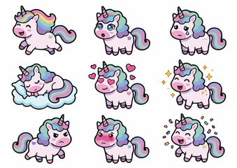 Set of 9 Cute Kawaii Unicorn Cartoon Sticker Characters with Magic Emotion Expressions, Flat Vector Illustration on White Background © Budenk FX