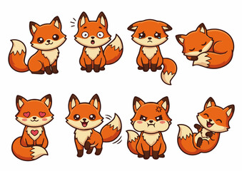 Fototapeta premium Set of 8 Cute Kawaii Fox Cartoon Sticker Characters with Emotion Poses, Flat Vector Illustration on White Background