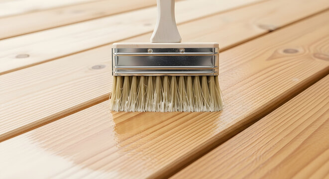 Paint brush applying clear wood varnish or oil to wooden planks for protection and maintenance