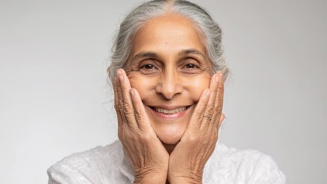 Elegant senior Indian woman with braided hair smiling while holding face with hands