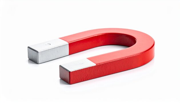 "Red horseshoe magnet with iron filings, illustrating magnetic fields, attraction, and scientific principles."
