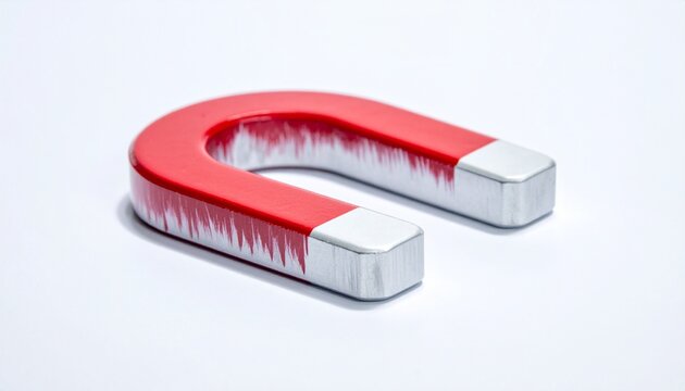 "Red horseshoe magnet with iron filings, illustrating magnetic fields, attraction, and scientific principles."