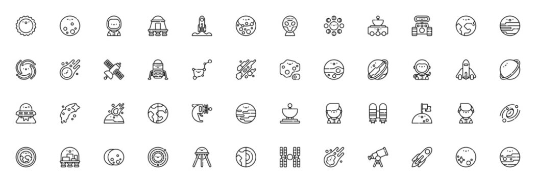 Space icon set. Vector illustration pack with sun, moon, rocket, astronaut, planets, black hole, ufo, telescope and more. Editable stroke.