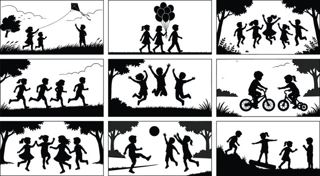 Children outdoor play silhouettes, kite flying, balloons, dancing, running, cycling, ball games, balancing, nature activity illustration