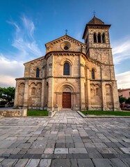 Obraz premium A majestic stone church with a tall tower and brown door