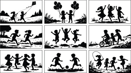 Obraz premium Children outdoor play silhouettes, kite flying, balloons, dancing, running, cycling, soccer, skipping rope illustration