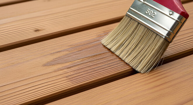 Paintbrush applying wood stain to outdoor deck planks - home improvement and maintenance