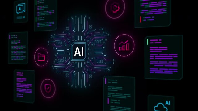 Advanced AI microchip integrated with business growth charts and statistical data visualization panels on dark background.