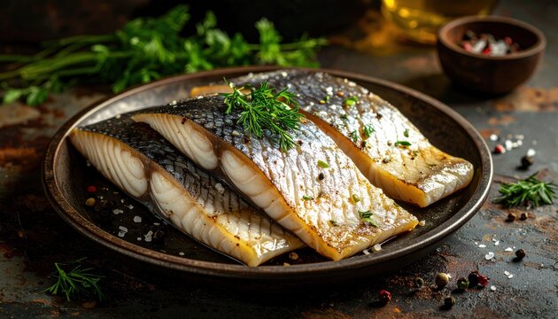 Smoked Herring Fillets with Glistening Texture and Fresh Herb Garnish on a Dark Plate