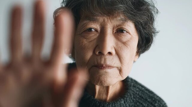 Serious elderly Asian woman raises hand defensively showing refusal or stop signal