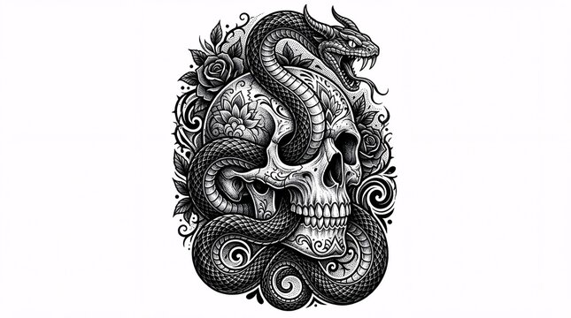 Skull with snake and roses gothic ornamental tattoo illustration