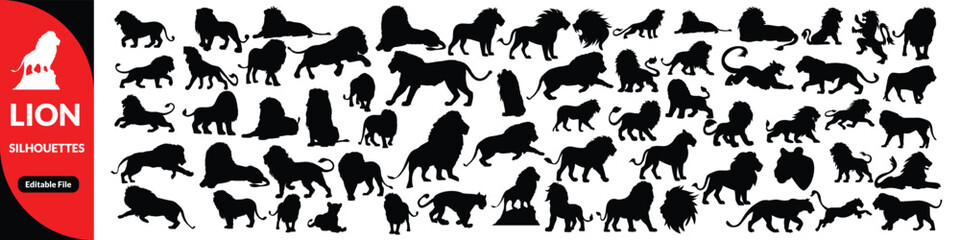 Set of lion silhouette vector illustrations, wild animal graphic design collection, powerful jungle predator symbols, African wildlife icons, big cat artwork for nature themes © Designby
