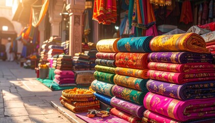 Obraz premium Vibrant textiles displayed in a sun-drenched marketplace, showcasing intricate patterns and rich colors in a bustling traditional setting
