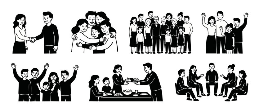 Family People Characters Set, Happy Diverse Group Members in Various Daily Life Activities, Hand Drawn Vector Illustration, Social Connection and Community Lifestyle Collection in Black and White Styl