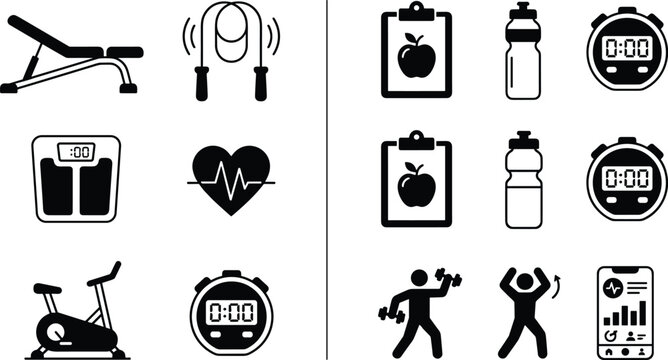 Fitness and health icon illustration with workout bench, jump rope, weighing scale, heart monitor, exercise bike, nutrition tracking, hydration