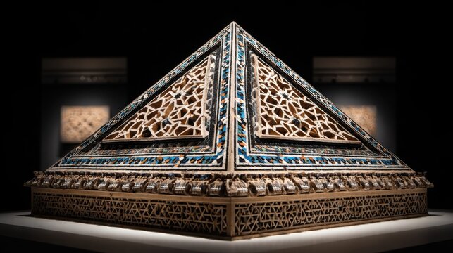 Intricately Designed Geometric Mosaic Structure with Ornate Carvings in a Museum Exhibit