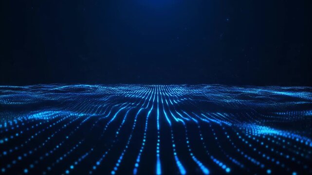 Abstract blue glowing data particles floating in dark space with futuristic technology visual effect