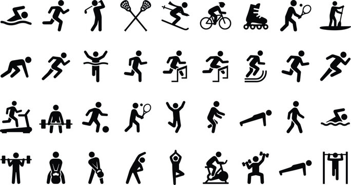 Sports and fitness activities pictograms collection, icons set representing athletics, gym exercises, outdoor recreation, healthy lifestyle, olympic competition, and workout training.