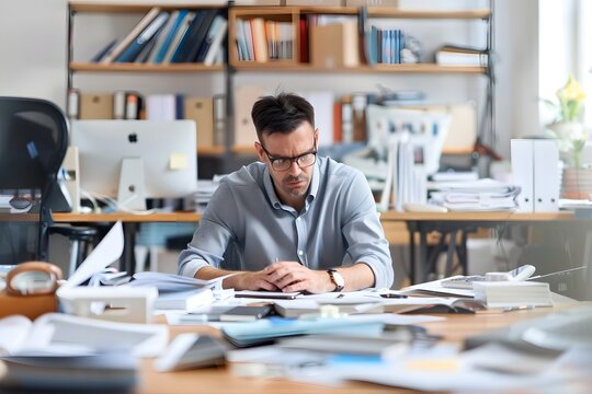 Mann sitzt gestresst am Schreibtisch mit Rechnungen und finanziellen Sorgen im Alltag
