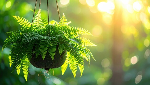 Lush green fern plant with delicate fronds hanging in soft sunlight, showcasing natural beauty and growth.