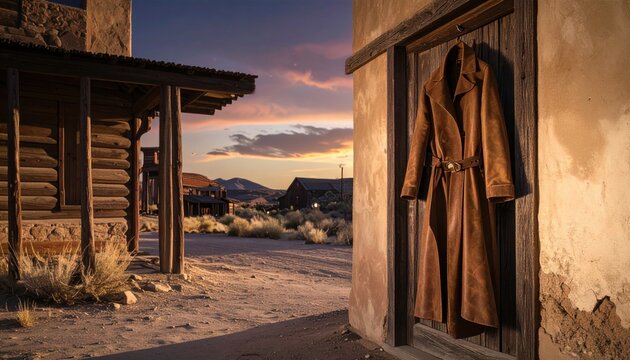 Long Vintage Leather Duster Coat Hanging in a Dusty Western Town Doorway at Sunset