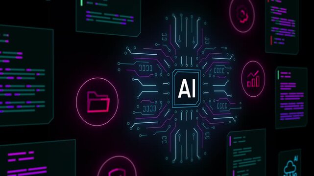 Artificial intelligence hub organizing digital folders and information files in a futuristic virtual environment.