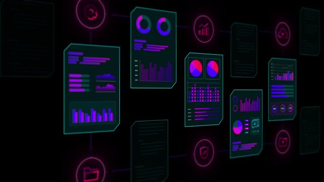 Perspective view of multiple vertical digital screens showing business charts, graphs, and statistical data.