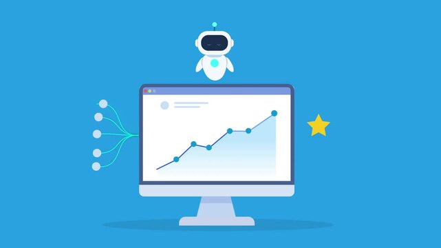Animated AI-powered business analytics dashboard with a star icon, representing performance rating, quality evaluation, customer feedback, and business excellence.