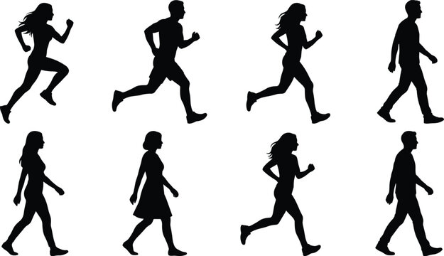 Walking and running silhouette illustration showing human motion, dynamic postures, biomechanics comparison, active lifestyle, fitness, exercise design