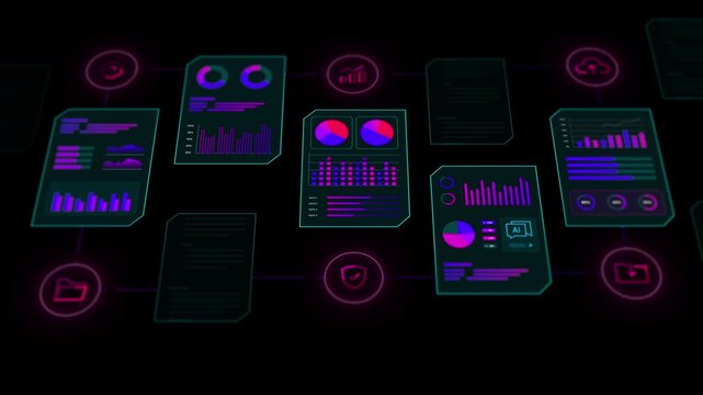 Rows of glowing digital screens displaying real time information streams and statistical progress indicators.