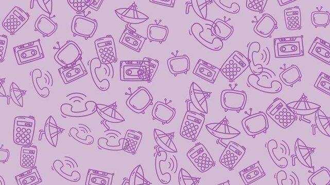 A seamless loop of hand-drawn vintage technology doodles including cassette tapes, old TVs, and retro phones on a soft purple background.
