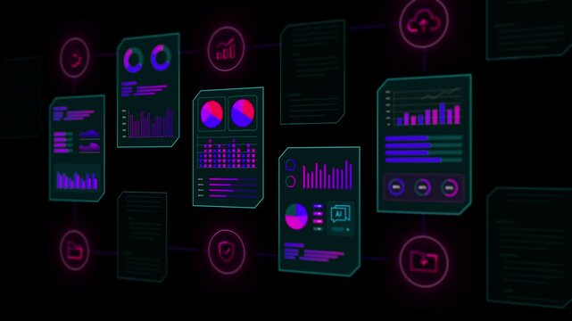 Layered digital interface showing various content icons, document symbols, and data metrics for high tech background.