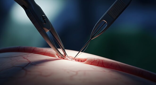 Surgical suturing of skin wound with medical instruments close up