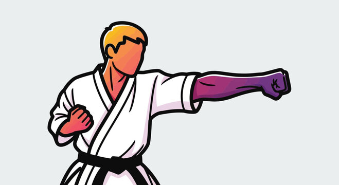 Karate fighter in white gi punching forward with colorful gradient arm