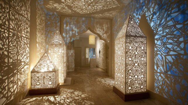 Intricate Geometric Patterns Illuminated in an Ornate Interior Hallway with Ambient Lighting