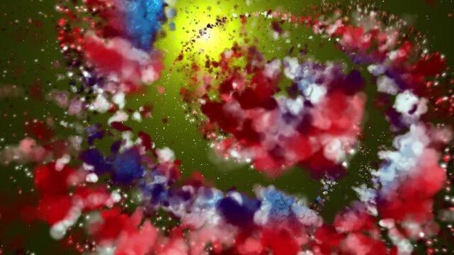 An abstract cosmic composition featuring vibrant swirling particles creating dynamic circular motion in deep space, reminiscent of galaxy formation, an energetic explosion, and a glowing nebula with d
