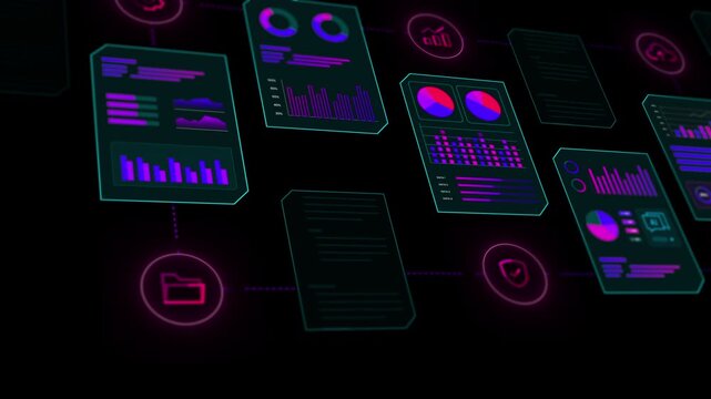 Virtual environment featuring floating data modules and glowing technical documentation screens in purple light.