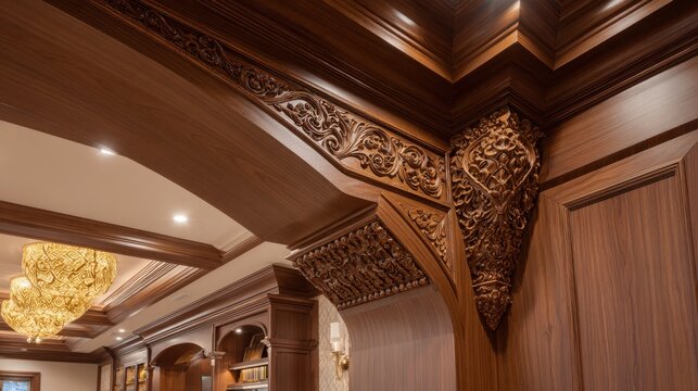 Exquisite carved wooden coffered ceiling and architectural details showcasing intricate craftsmanship in a luxurious interior setting.