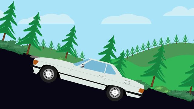 Retro car animation going up to the hill, nature trees background