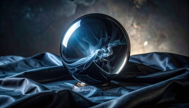 Polished Obsidian Scrying Mirror Reflecting Ethereal Smoke and Mist for Divination