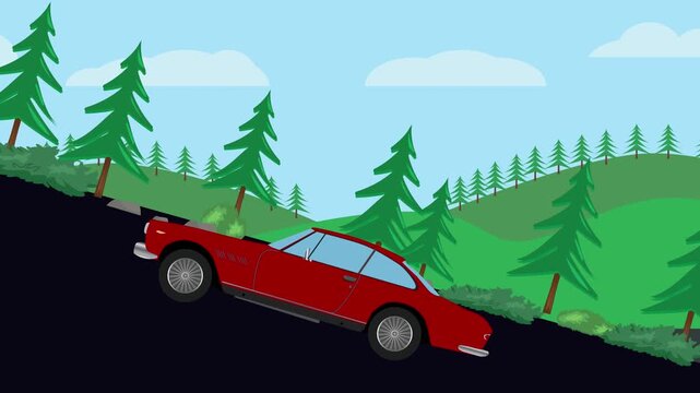 Retro car animation going up to the hill, nature trees background