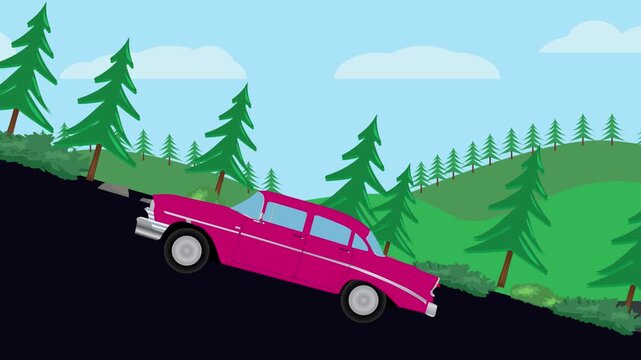 Retro car animation going up to the hill, nature trees background