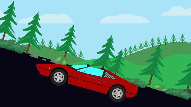 Retro car animation going up to the hill, nature trees background