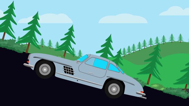 Retro car animation going up to the hill, nature trees background