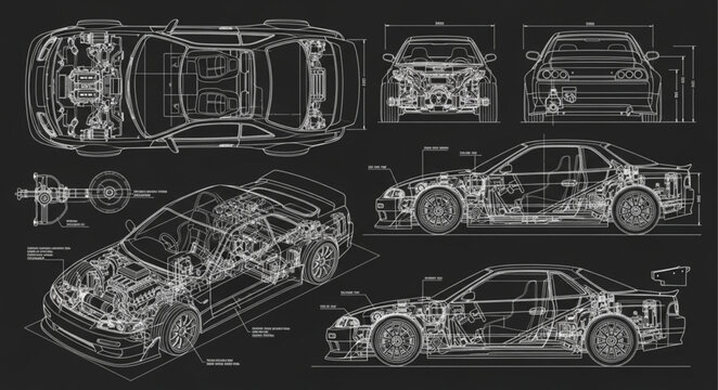 Detailed Blueprint Schematics of a Sports Car.