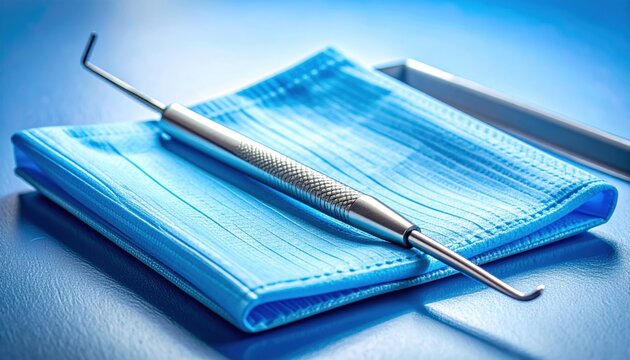 Professional dental prophylaxis scaler instrument resting on blue medical material for oral hygiene care