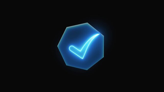 Glowing blue check mark inside hexagonal neon frame. Blue check mark image photo. Professional blue check mark for high tech security and digital verification system visuals.