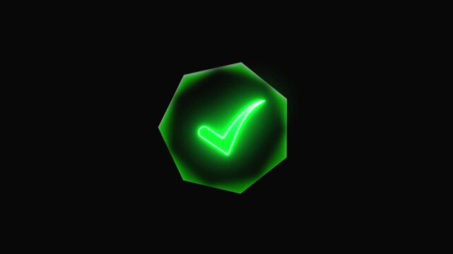 Glowing green check mark inside hexagonal neon frame. Green check mark image photo. Professional green check mark for authorized access and successful validation visuals art.